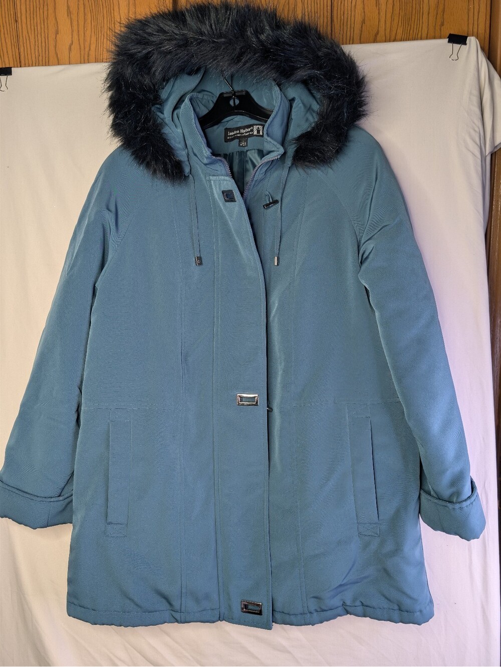 London Fog Women's Blue/green Winter Coat with Faux Fur Hood